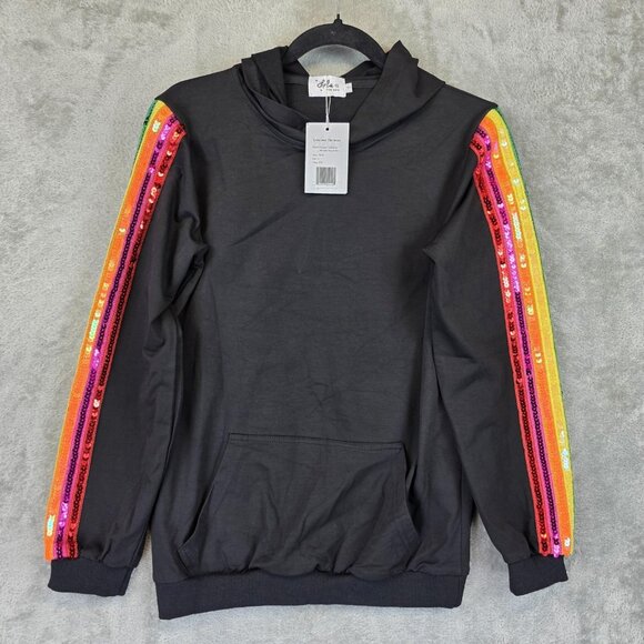 Lola and The Boys Hoodie Womens Small Black Sequin Rainbow Track Pullover Fun - Picture 1 of 11